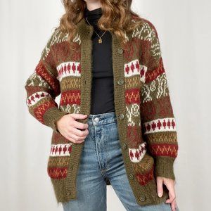 Vintage Oversized Mohair Wool Nordic Fair Isle Knit Christmas Cardigan Sweater